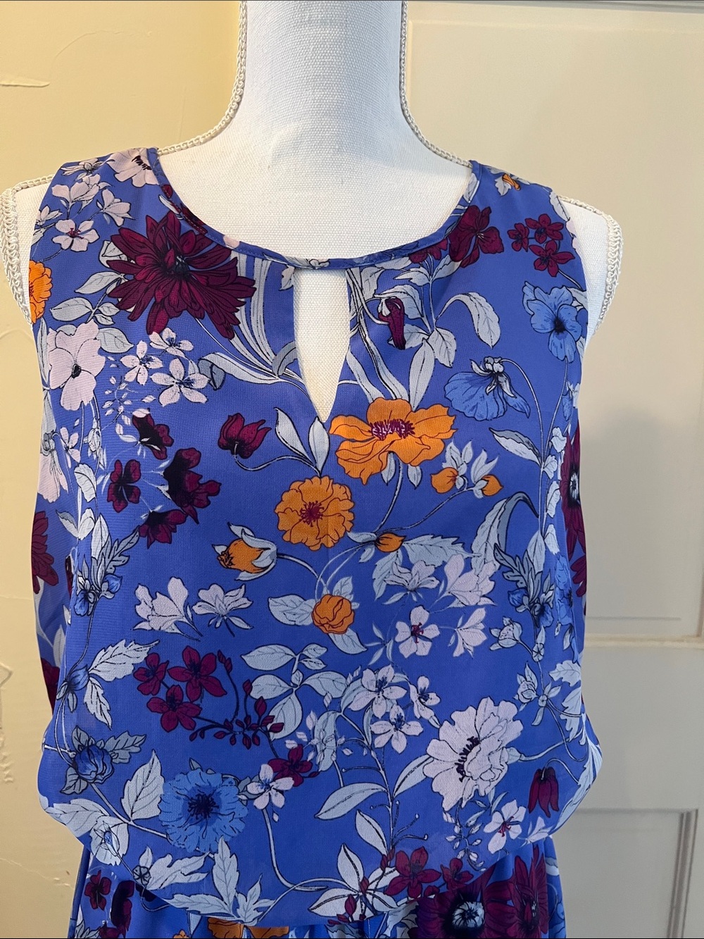 Chico's Periwinkle Floral Maxi Dress with Purple and Orange Blooms.